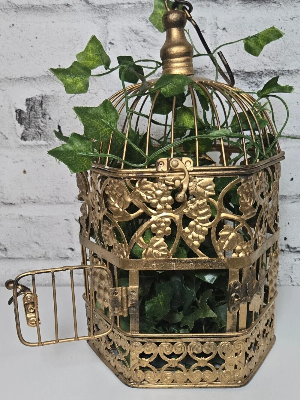 Vintage Gold Bird Cage Grapevine Filigree Cottagecore Hanging Decor